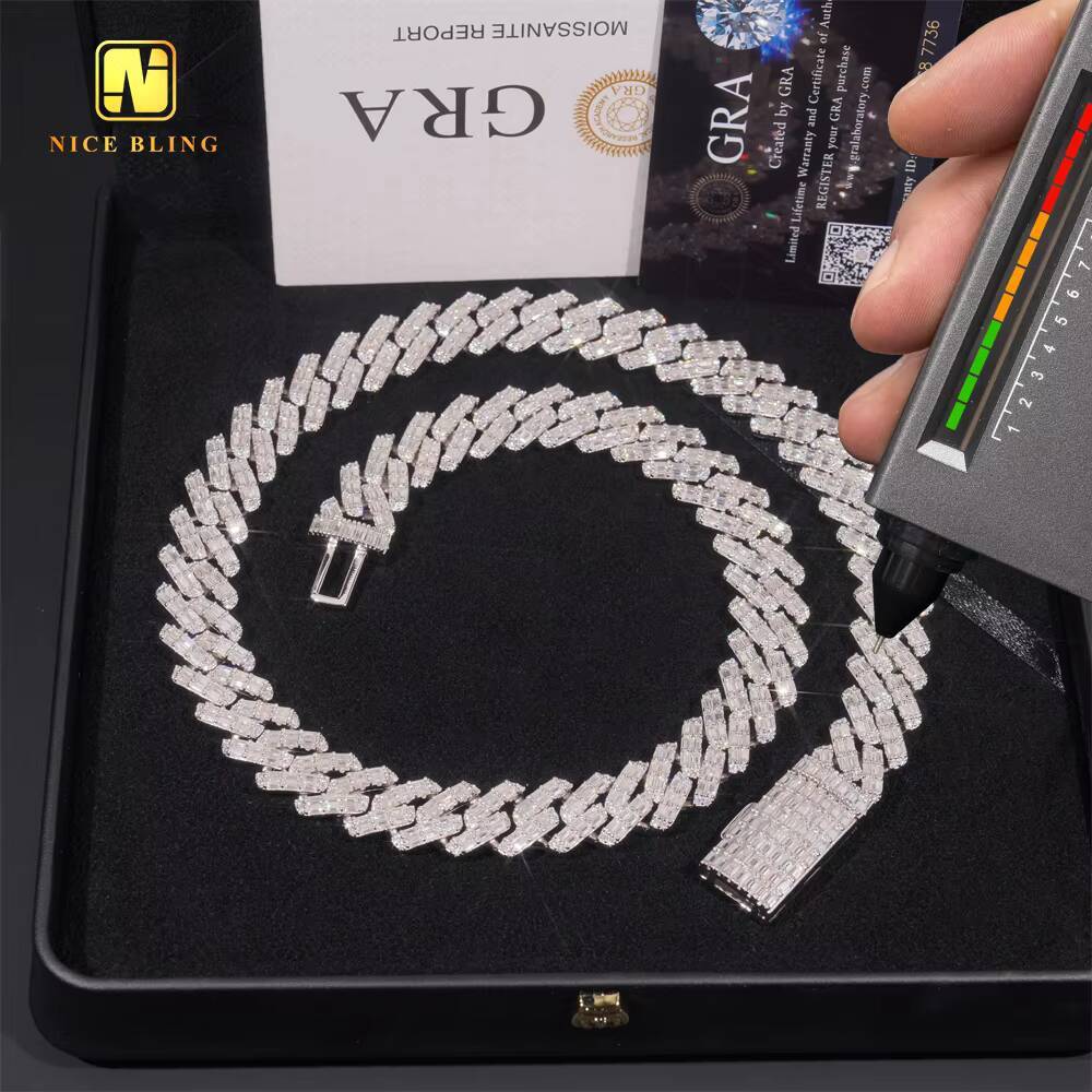Iced Out Mens Jewelry Hip Hop Sparkle 925 Sterling Silver 15MM VVS Moissanite Baguette Diamond Cuban Link Bracelet Necklace