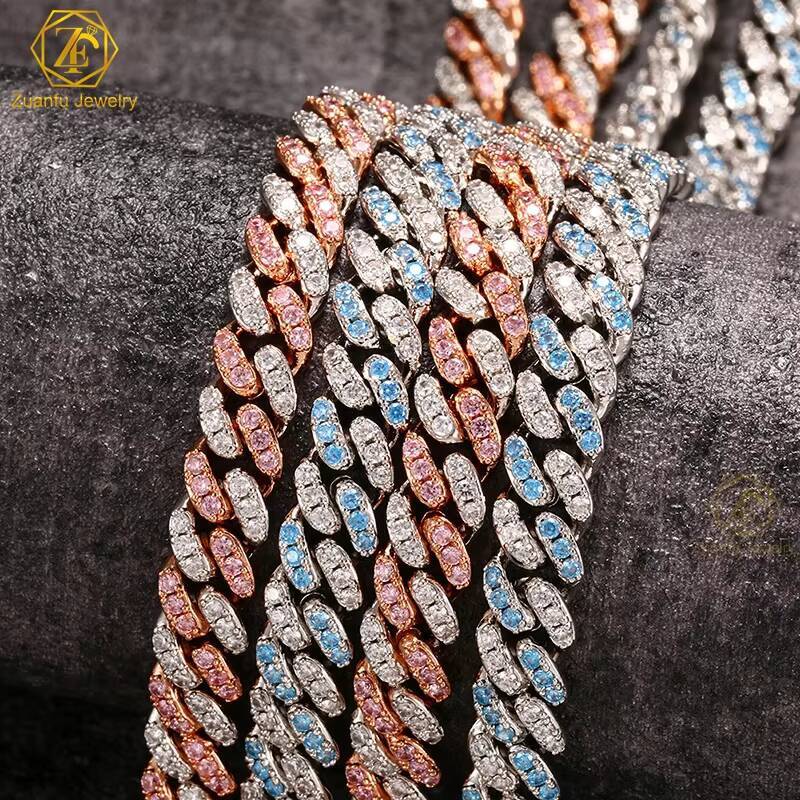 Wholesale Jewelry 8MM Gold Silver Rainbow Pink Blue VVS Moissanite Diamond Cuban Chain Miami Cuban Chain