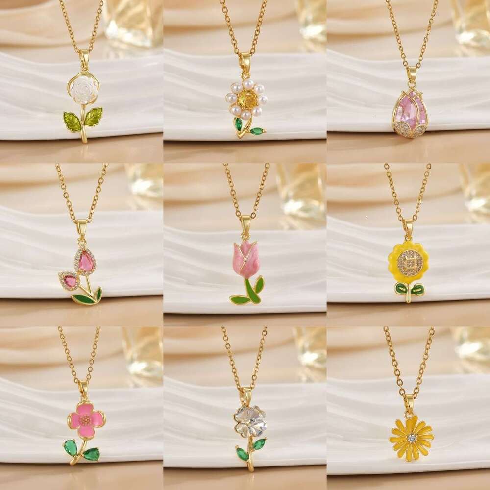 Oil Drop Micro Paved Zircon Colorful Flower Tulip Rose Pendant Necklace For Women Light High-End Feel 3B0