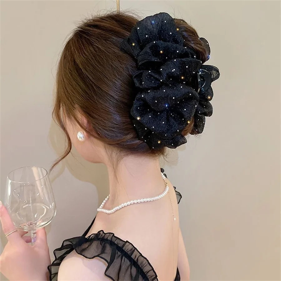 Fashion Korean style cloud bubble double-sided large bow clip womens mesh shark clip back of head flower hairpin headwear 250716