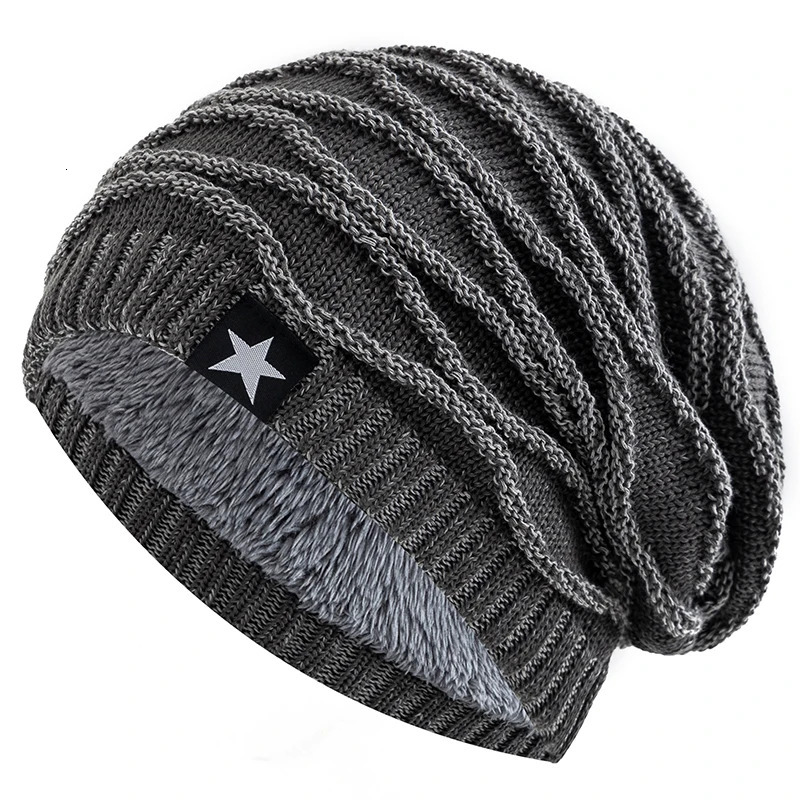Unisex Slouchy Winter Hats Add Fur Lined Men And Women Warm Beanie Cap Casual Five-pointed Star Decor Winter Knitted Hats 250717