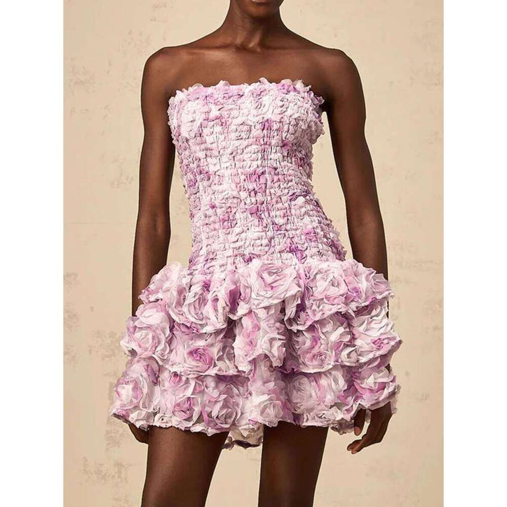 TWOTWINSTYLE Colorblock Fashion Temperament Dresses For Women Strapless Sleeveless Patchwork 3D Flowers Dress Female Clothing