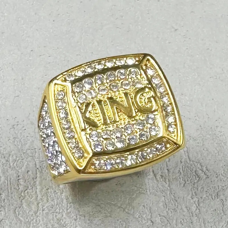Hip Hop full rhinestone 316L Stainless Steel Gold color King Finger Rings for Men Rapper party Jewelry 250716