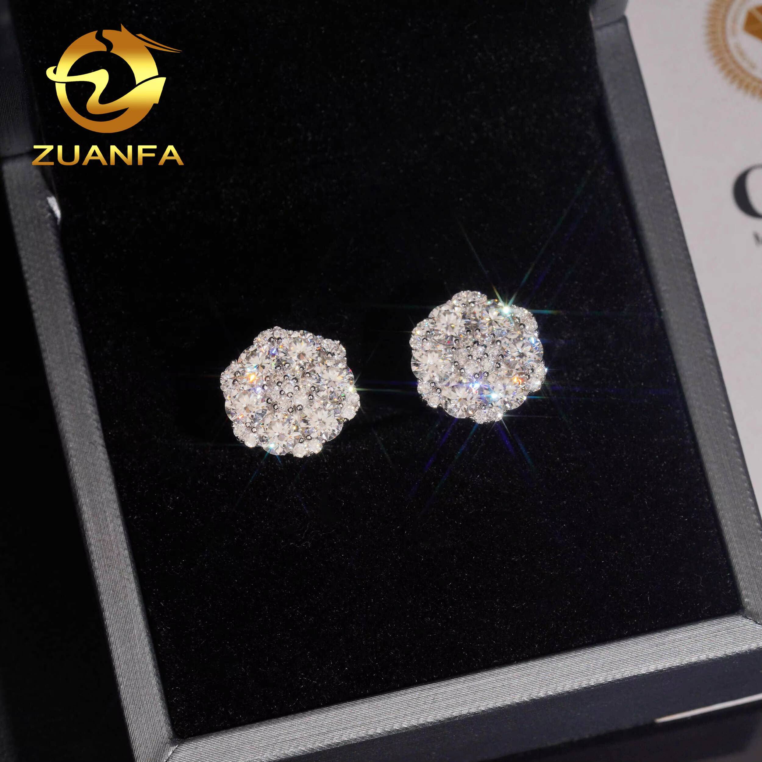Gra Certificate Flower Cluster Moissanite Earrings 925 Sterling Silver Moissanite Iced Out Earrings for Men and Women