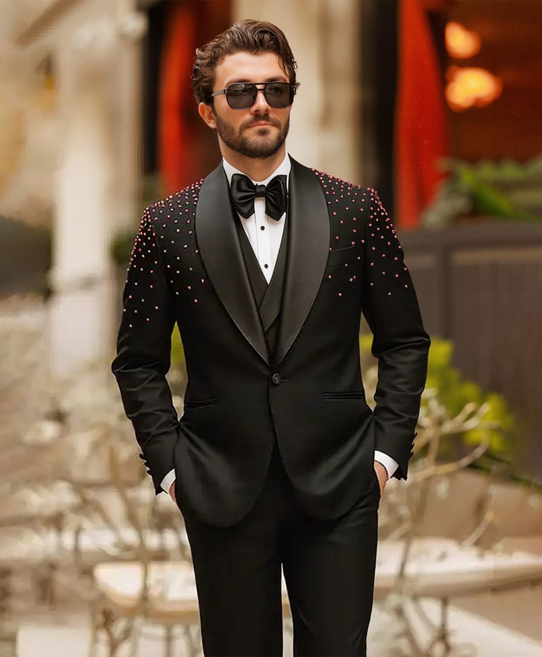 New Fashion Beads Jacquard 2 Pieces Men Suits One Button Shawl Lapel Tuxedo Slim Wedding Groom Prom Plus Size Costume Homme Bridegroom Tailor Made Coa