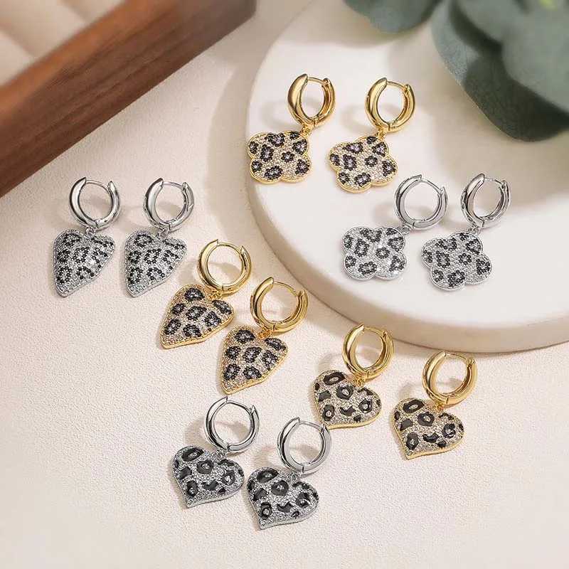 3 Styles Of Heart-shaped Clover Leopard Print Pattern Inlaid With CZ Stone Womens Pendant Earrings Fashionable Jewelry y250715