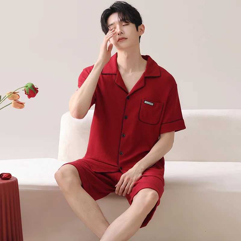 Pajamas Lovers Festive Red Color Fashion Men Short Sleeve Shorts Cardigan Pajamas Sets Summer Sling Nightgowns For Young Female W250717