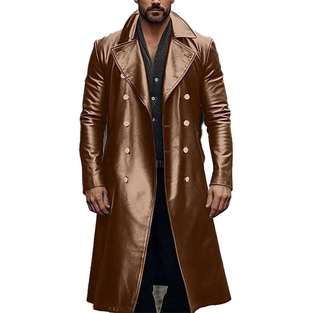 2024 Spring And Autumn Coat Long Windbreaker Men's Double-Breasted Leather Jacket