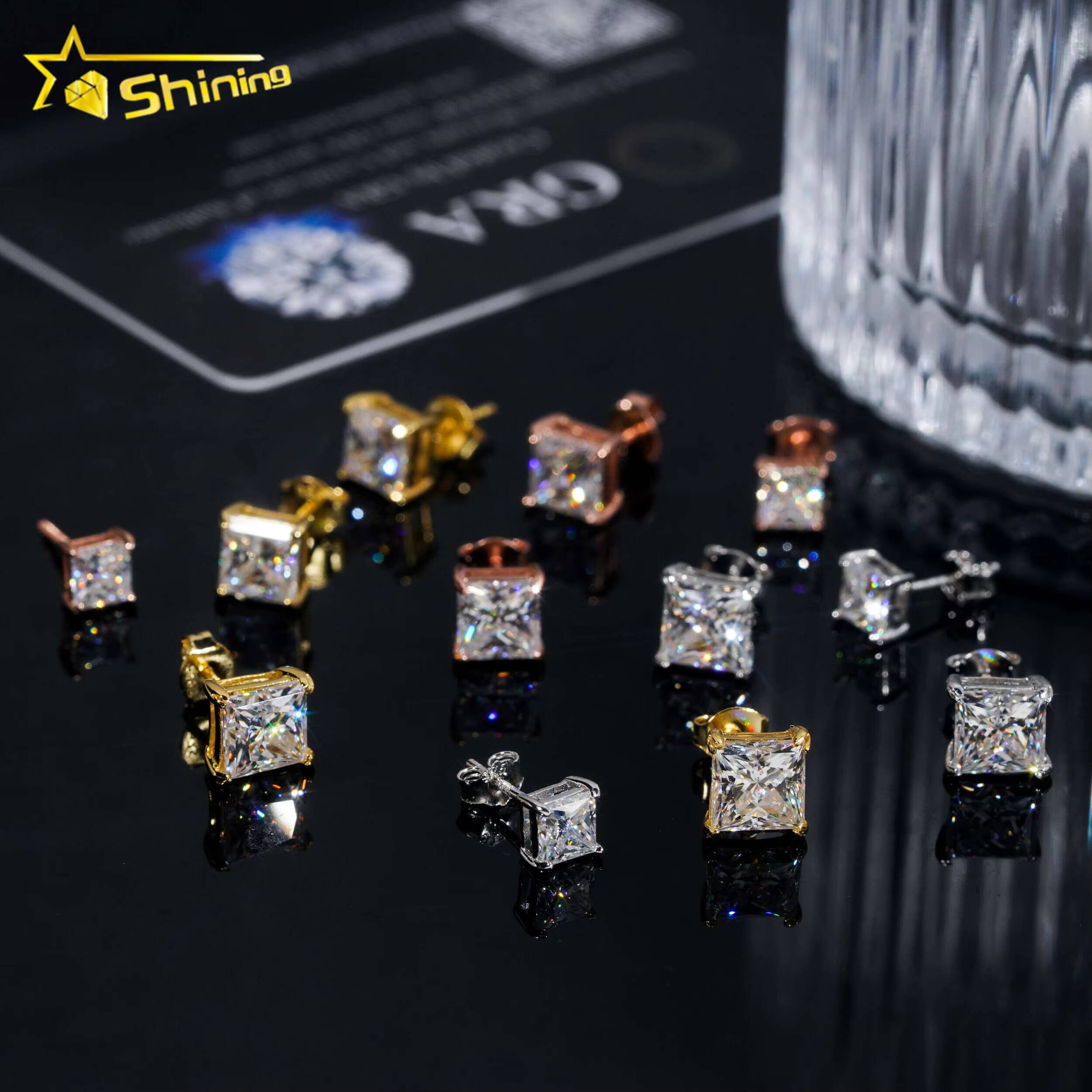 Factory Price GRA Certificated Moissanite Diamond Earrings Women 925 Solid Silver Solitaire Princess Cut Diamond Stud Earrings