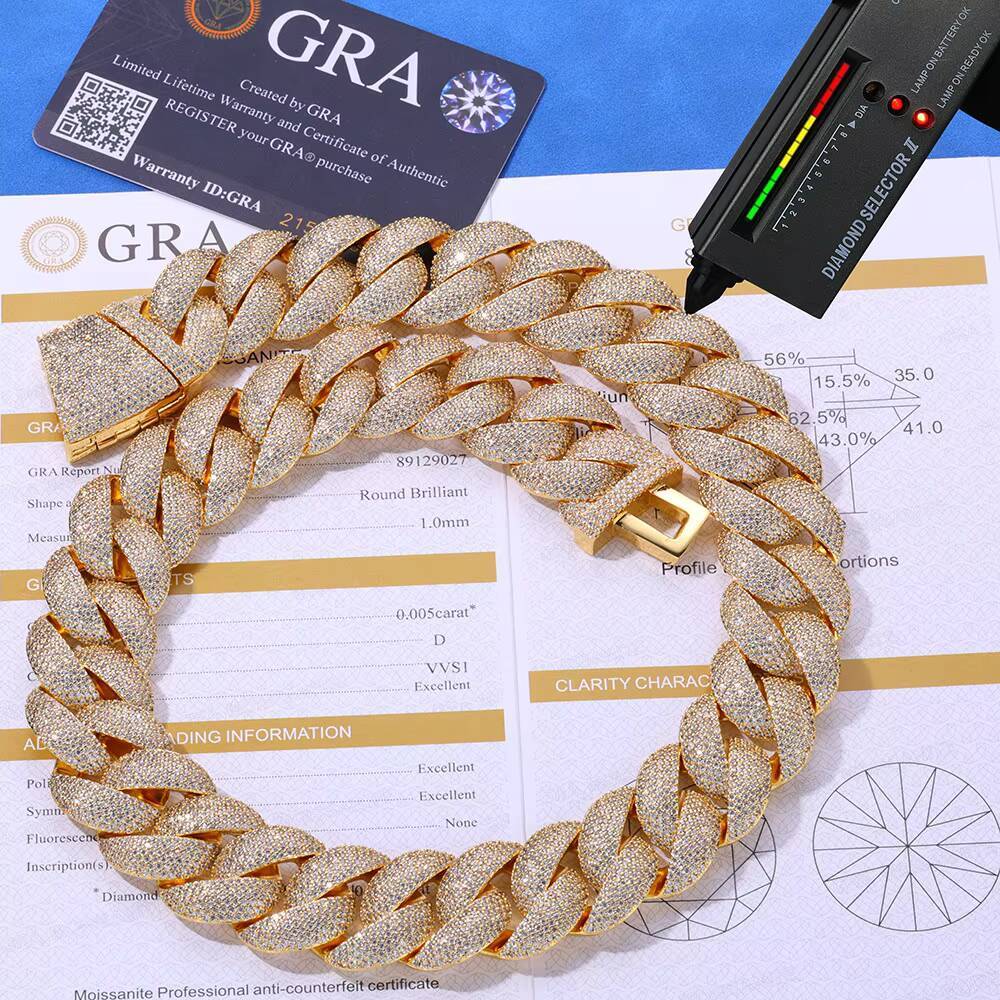 Wholesale 24mm Hip Hop S925 Silver VVS Moissanite Bracelet Blue Gemstone Cuban Chain Trend All-Match Mens Necklace Custom