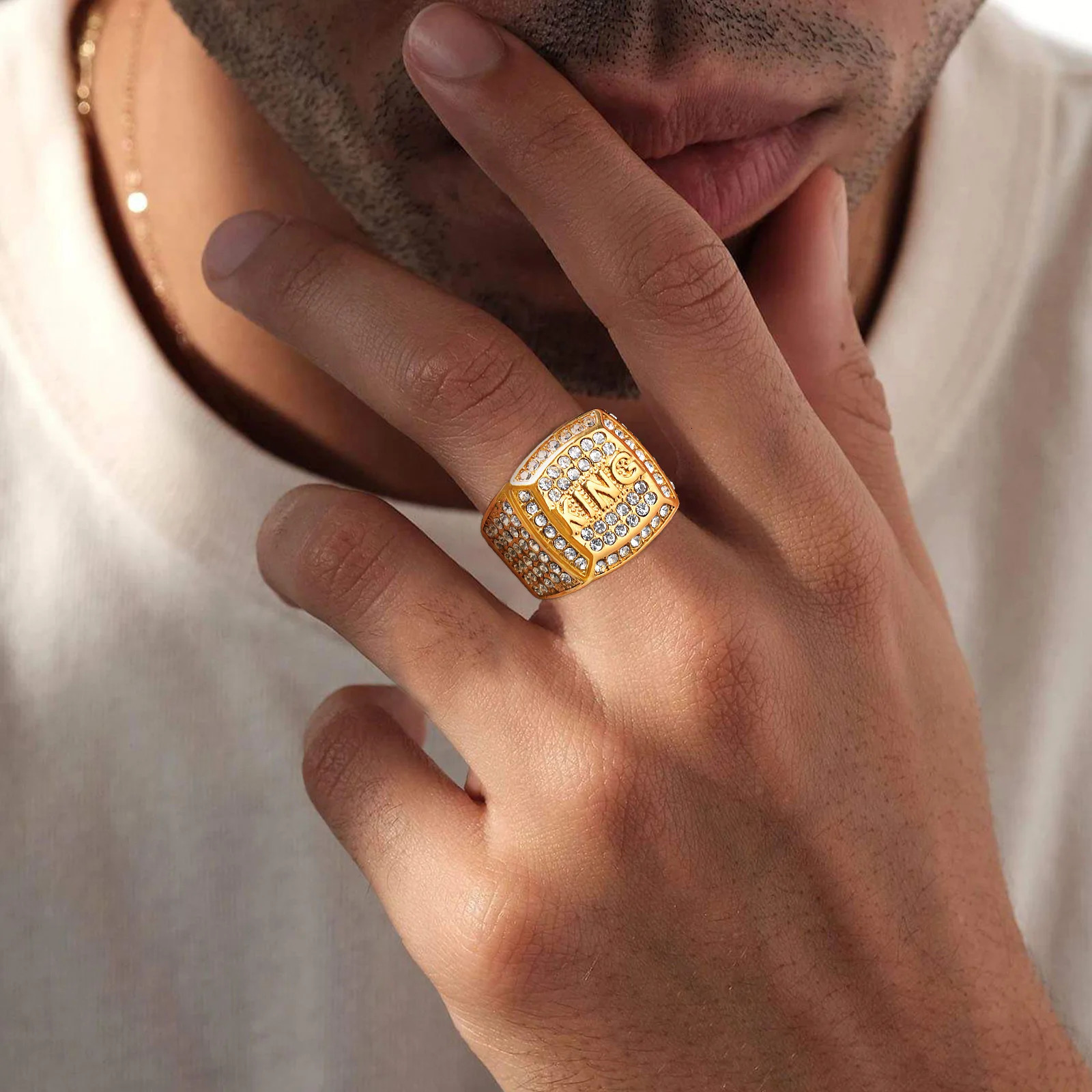 HipHop Full Rhinestone Ring for MenGold Color Stainless Steel King Letters Finger RingsRapper Party Jewelry Gifts 250716