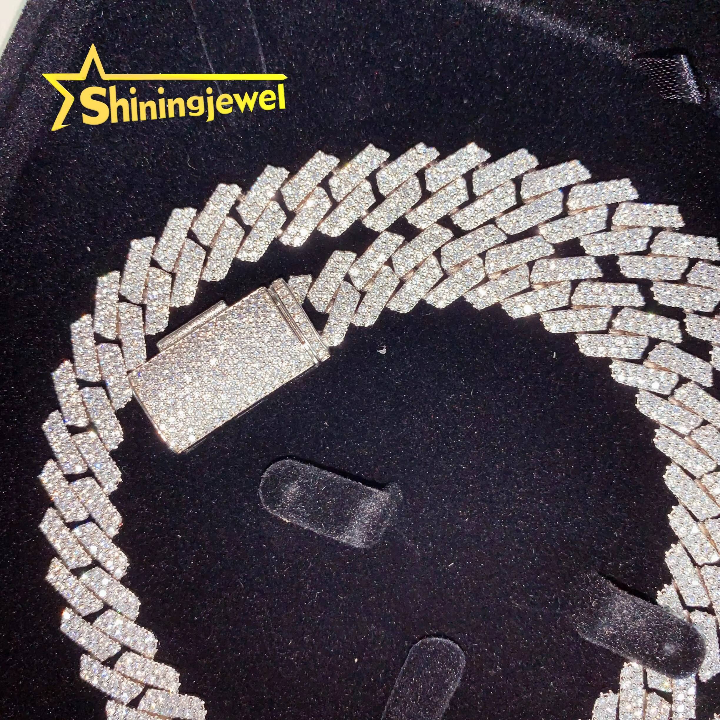 Guangzhou Shining Shiny Guarantee 13mm 2 Row VVS Moissanite Cuban Chain 925 Sterling Silver Gold Plated Hip Hop Cuban Link Chain