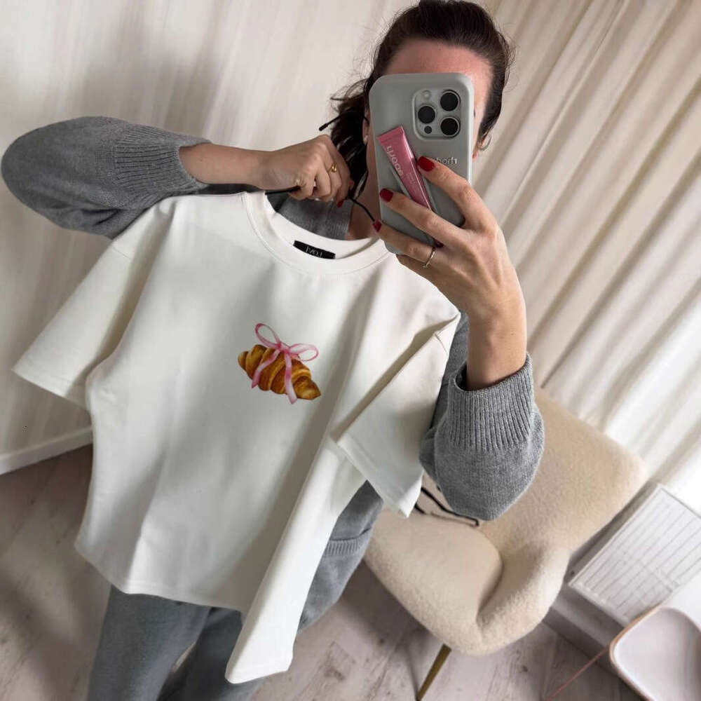 Simple Bowknot Print T-Shirt For Women Summer Versatile Loose Round Neck Pure Cotton Short Sleeve B5