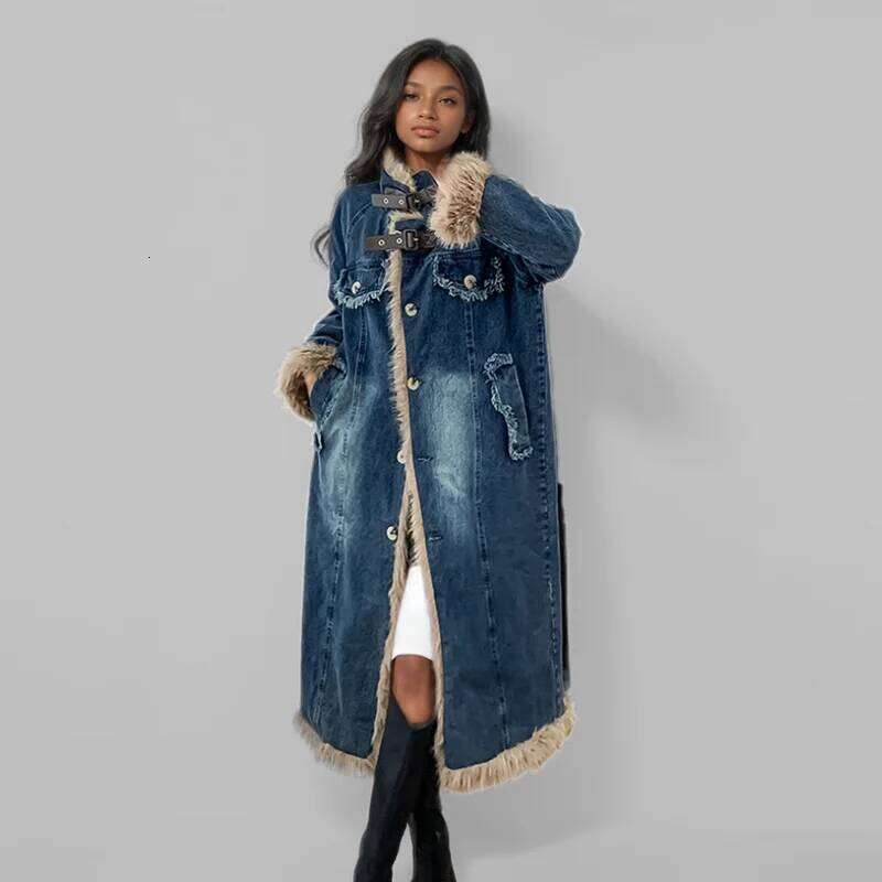 WTHT New Fashion Women's Plush Edge Belt Buckle Warm Denim Long Coat 2024 Winter Trendy Single Breasted Jacket Female 1Ls178