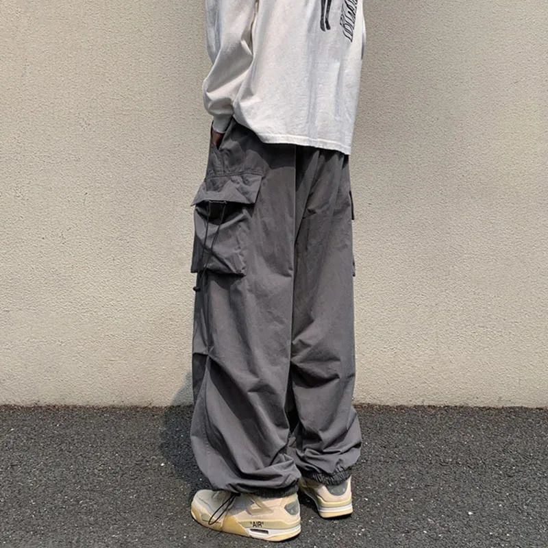 Mens Summer Streetwear Elastic Waist Y2K Baggy Cargo Pants Trousers Hip Hop Loose Women Wide Leg Pants Male Korean 250715