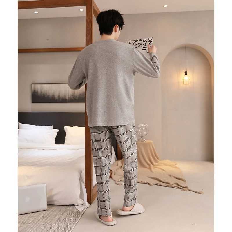 5XL Spring and Autumn Knitted Cotton Plaid Pajamas Set Men Long Sleeve Sleepwear Casual Soft Pajamas Male Home Clothing W250717