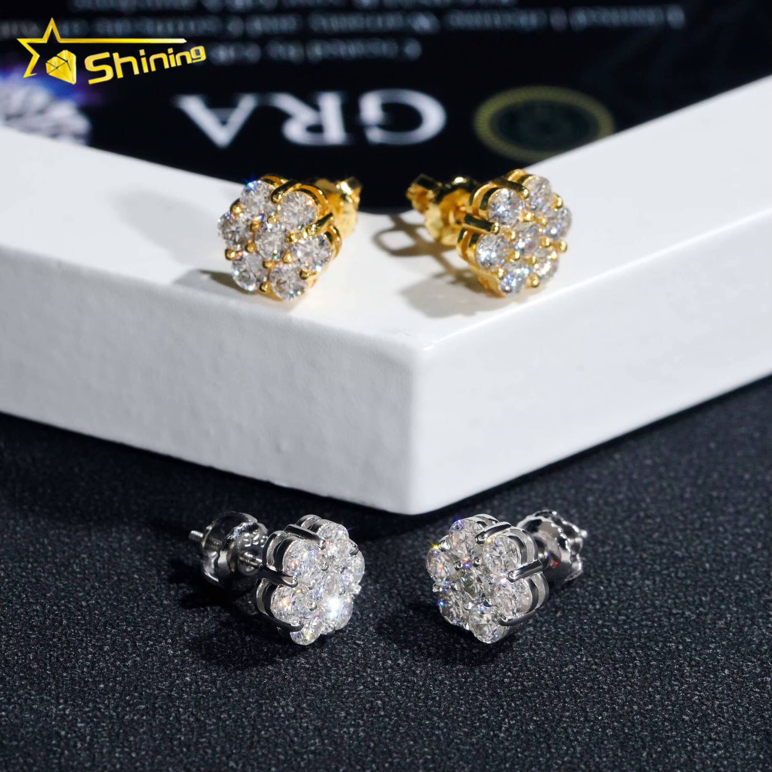 Hot Sale Pass Diamond Tester Hip Hop 925 Silver Gold Plated Flower VVS Moissanite Diamond Stud Earrings