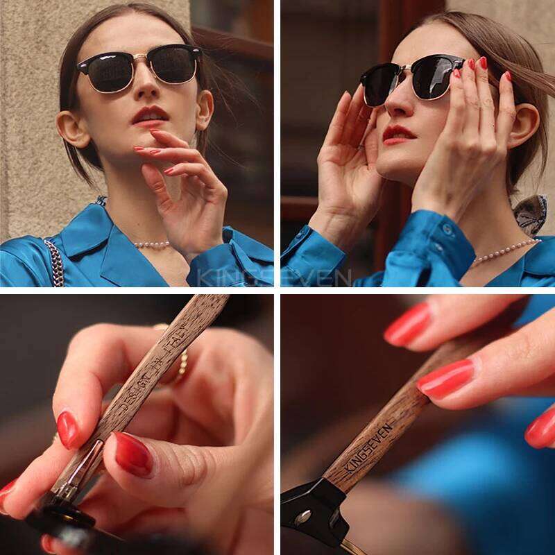 KINGSEVEN Handmade 2023 Black Walnut Wooden Sunglasses Men Polarized UV400 Protection Semi-Rimless Retro Eyewear Women Oculos