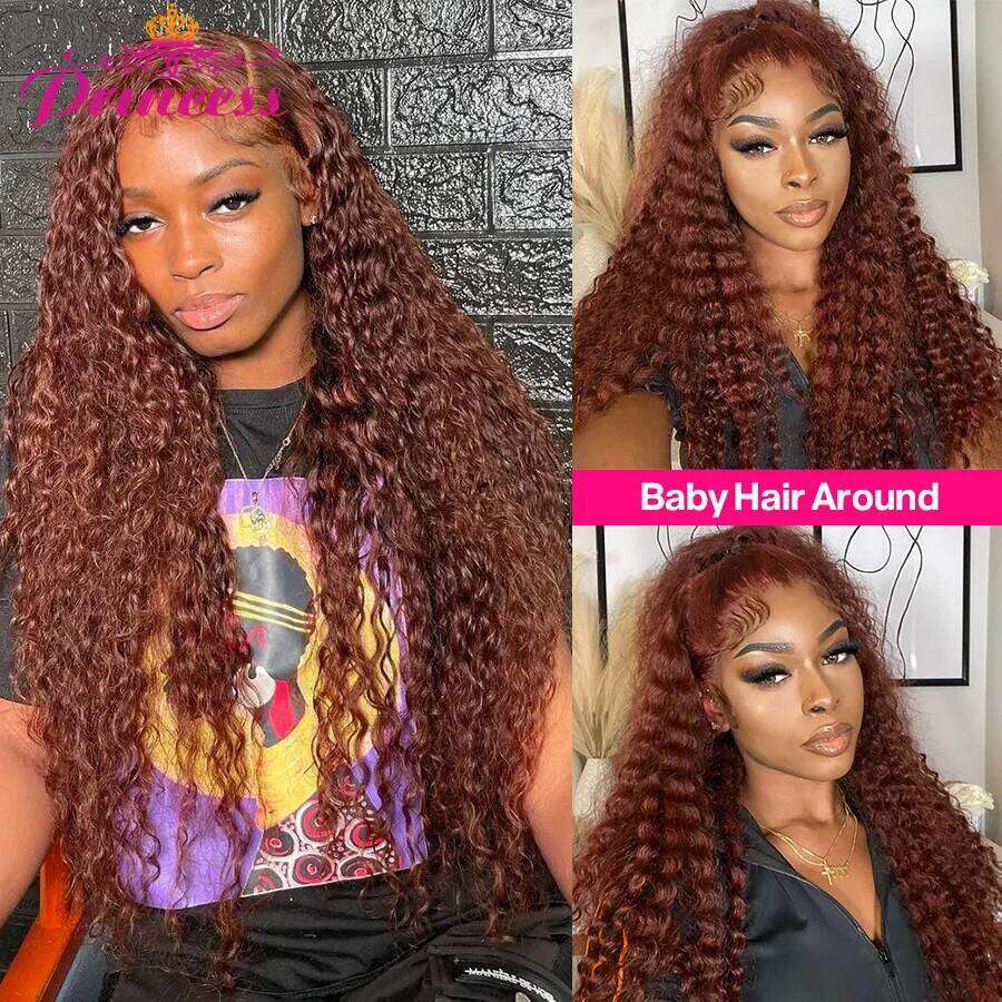 Princess 34 Inch Reddish Brown 13x6 HD Frontal Wig Colored Deep Wave 13x4 Lace Front Human Hair Wigs