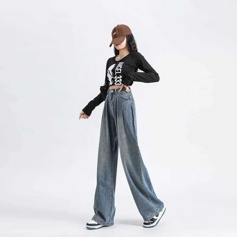 Autumn Woman Jeans High Waist Wide Leg Cotton Denim Clothing Straight Pants Fashion Comfort Retro Blue Casual Trousers R250716