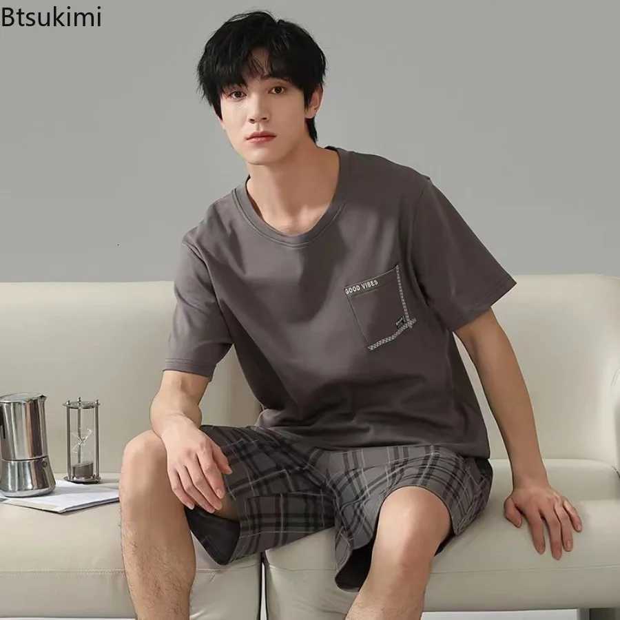 Summer Hot Sale Mens Cotton Pajamas Two Piece Sets Fashion Simple Casual Homewear Short-sleeve Tops with Shorts Men Lounge Sets W250717