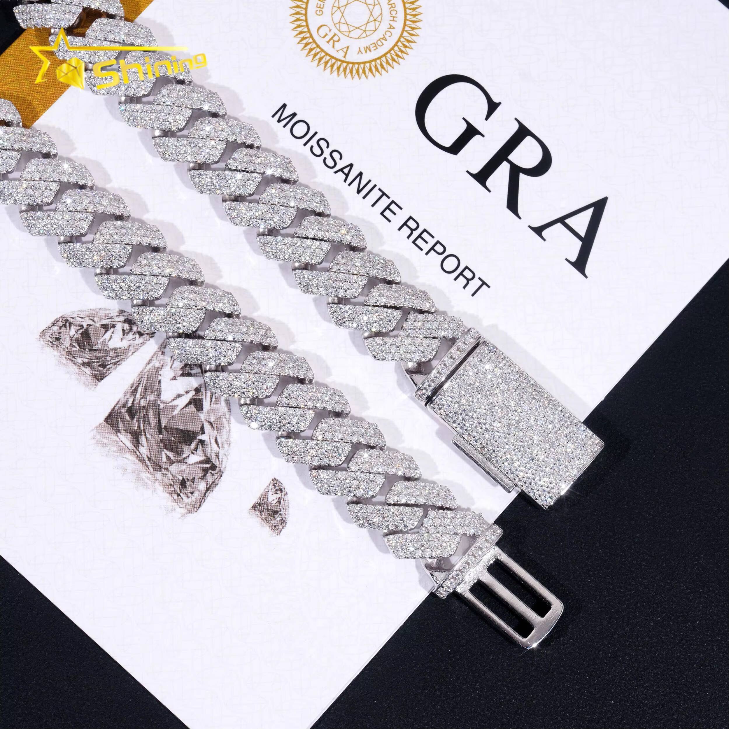 Hot Sale Hip Jewelry GRA Certificate 14mm Three Row 925 Silver Moissanite Iced Out Cuban Link Chain