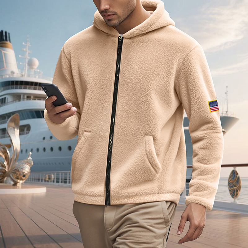 2025 American Style Double-Sided Arctic Fleece Loose Hooded Zipper High Street Trend Men's Sweater