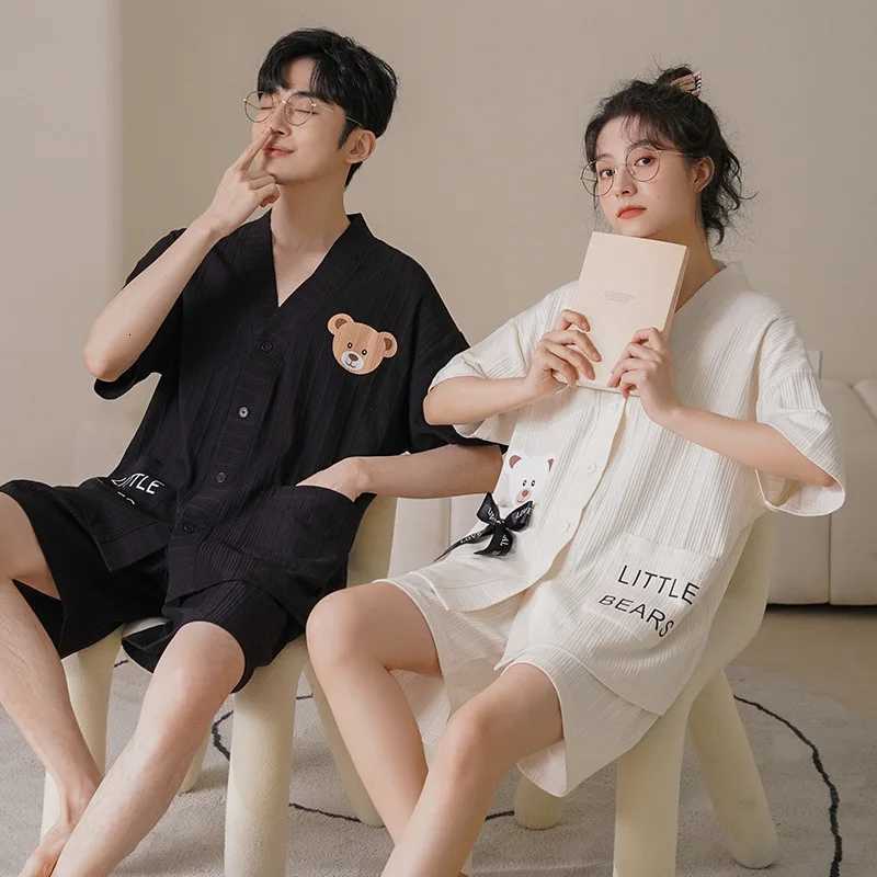 Summer Fashion Couple Pajamas Cotton Breathable Cardigan Can Wear Cartoon Pajamas Men and Women Short-sleeved Shorts Lapel Suit W250717
