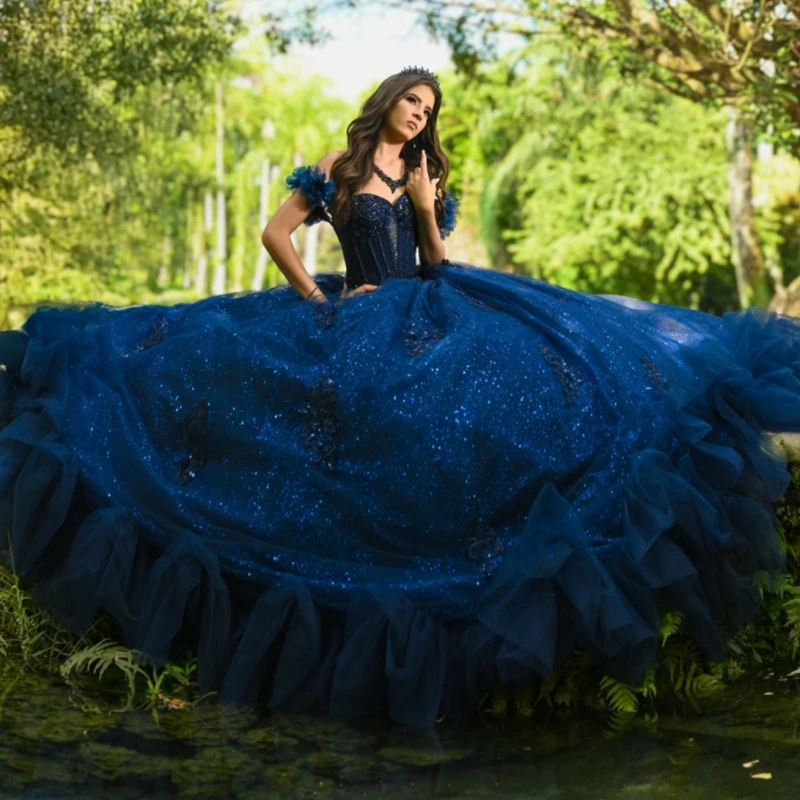 Navy Blue Quinceanera Dresses Ball Gown Off The Shoulder Applique Lace Beads Tiered Tull Sweet 16 Dress Vestidos 15 De Anos