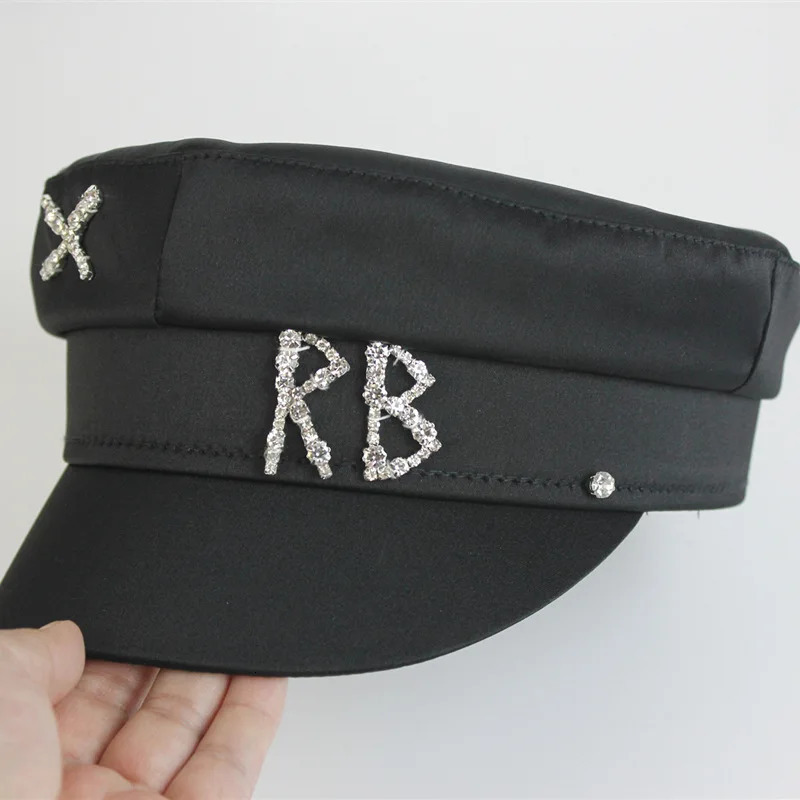 Trendy Satin Letters Flat Top Military Hats Spring Summer sboy Cap Crystal Baker Boy Hat Visor 250716