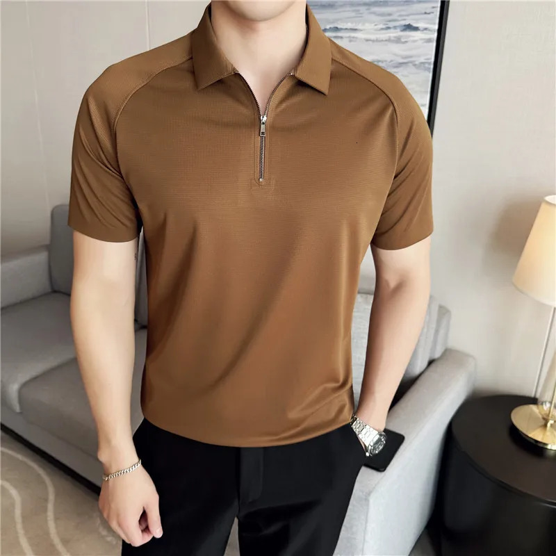Summer Men Solid Color Polo Shirt Short Sleeve Turn-Down Collar Zipper Tshirts for Men Casual Streetwear Male Tops 250715
