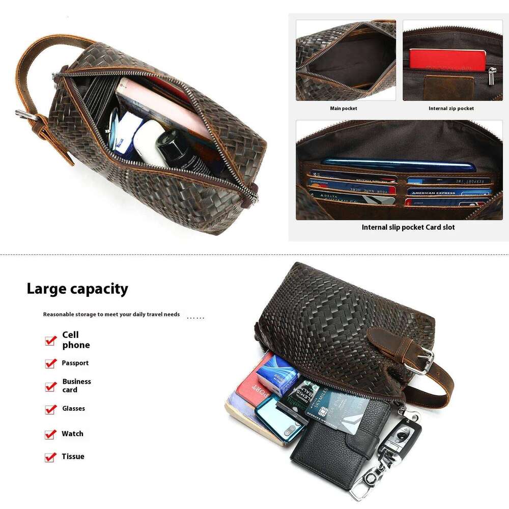 Genuine Leather Hand-Woven Clutch Men's Large Capacity Portable Handbag Storage Bag