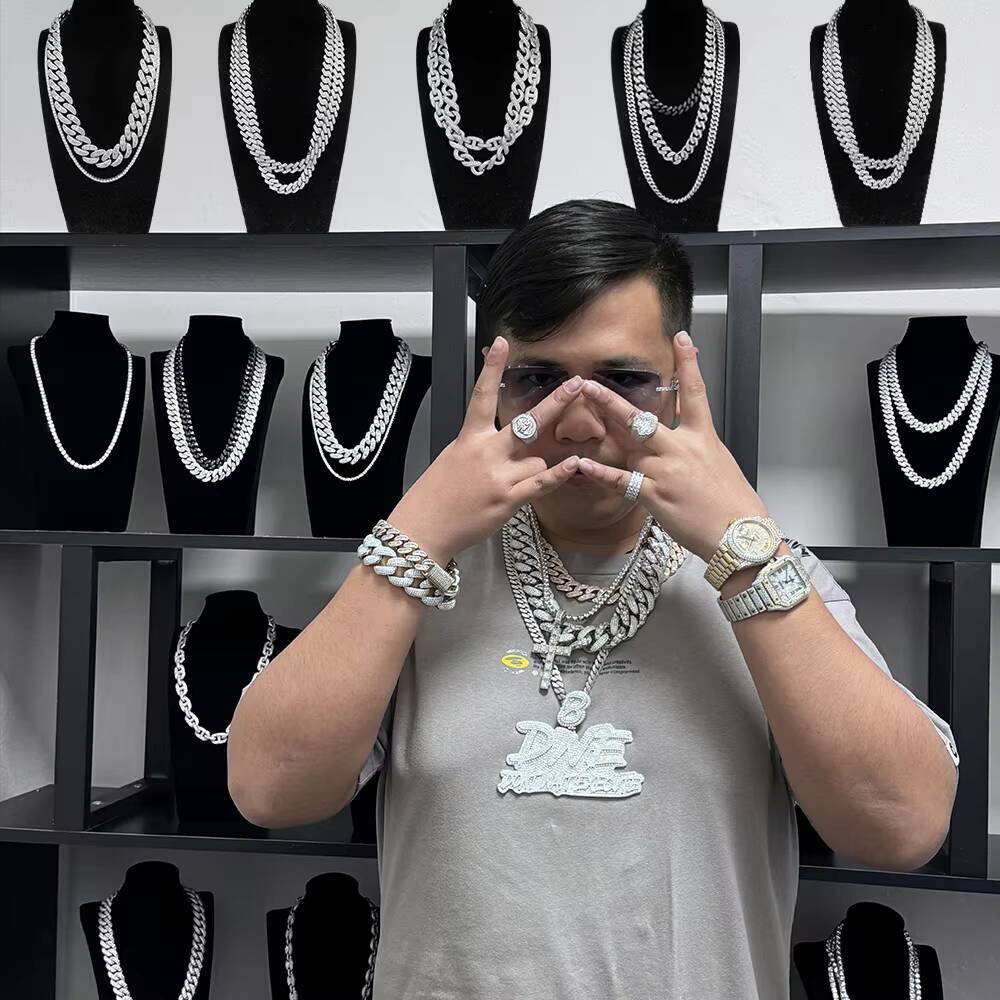 Hot Selling Moissanite Chain Hiphop 2 Row 14mm Iced Out Stunning Silver Moissanite Cuban Link Chain