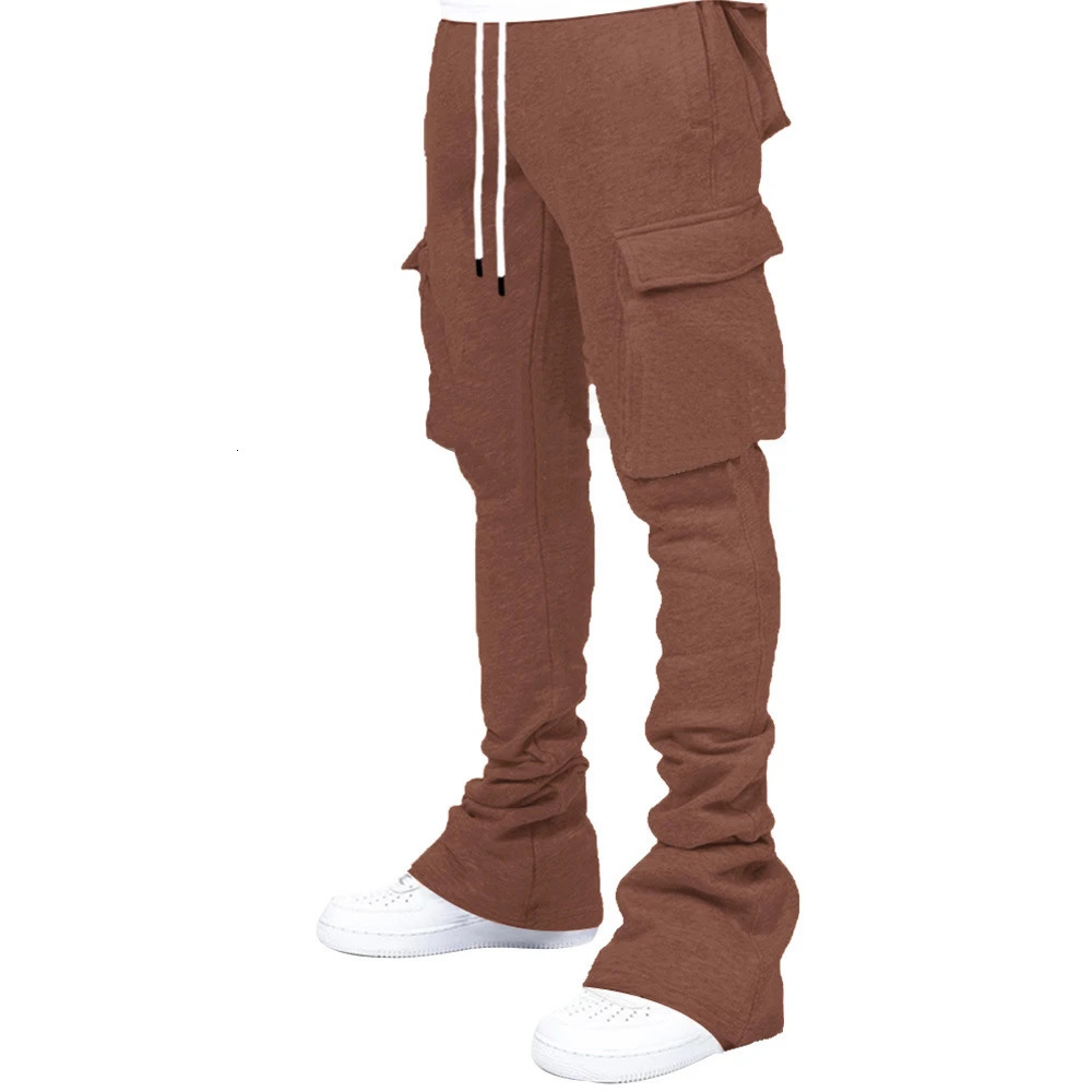 Plus Size Cargo Stacked Pants for Men Fleece Flare Sweat Pants Street Wear Men Pile Up Hiphop Pants 250715