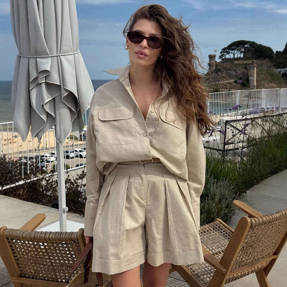 Summer New Loose Breathable Fashion Casual For Women: Pure Cotton Long Sleeve Shirt And Shorts Set B5