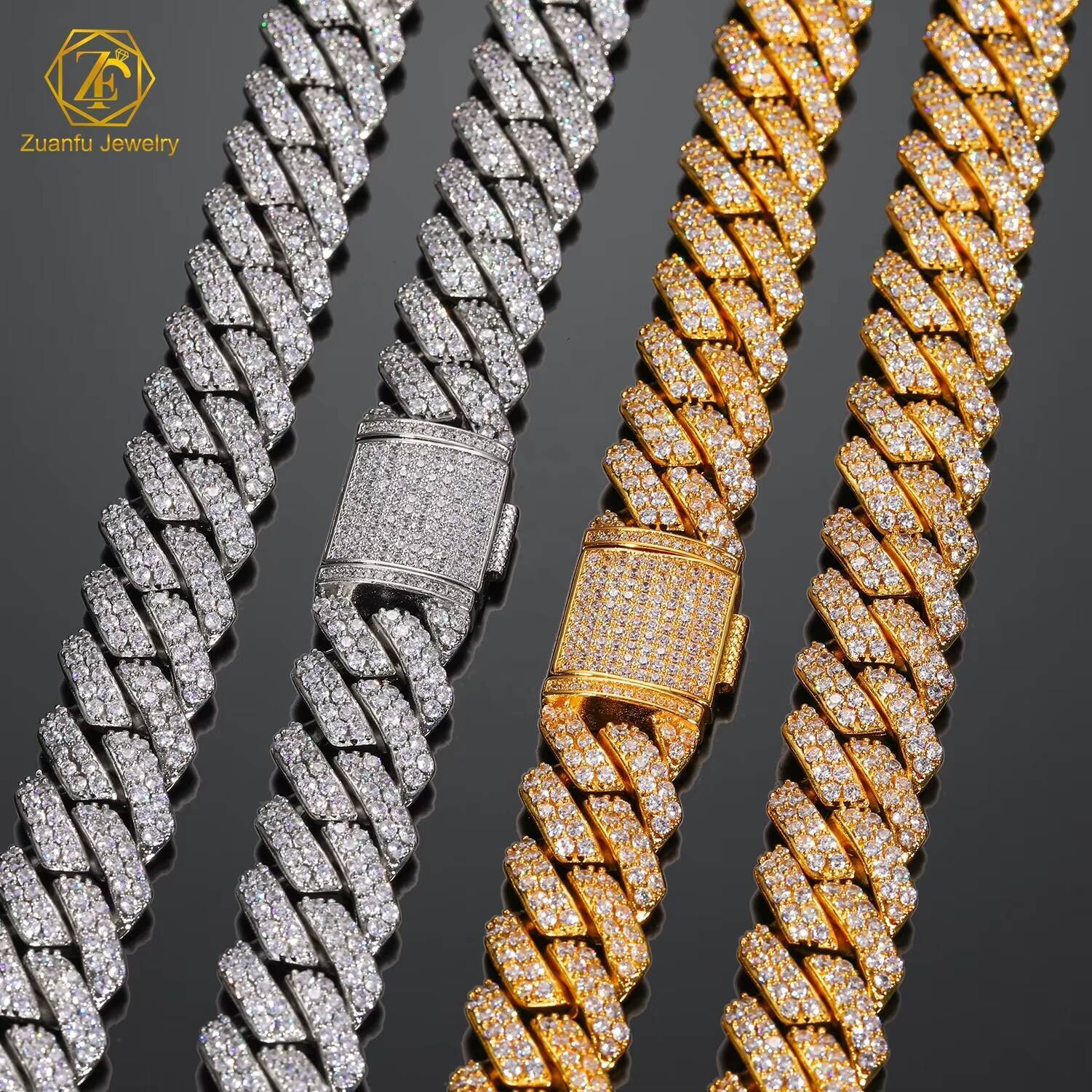 Hip Hop Jewelry 18mm 2 Rows 20 Inches Iced Out Diamond Miami Men 925 Sterling Silver Cuban Link Necklace