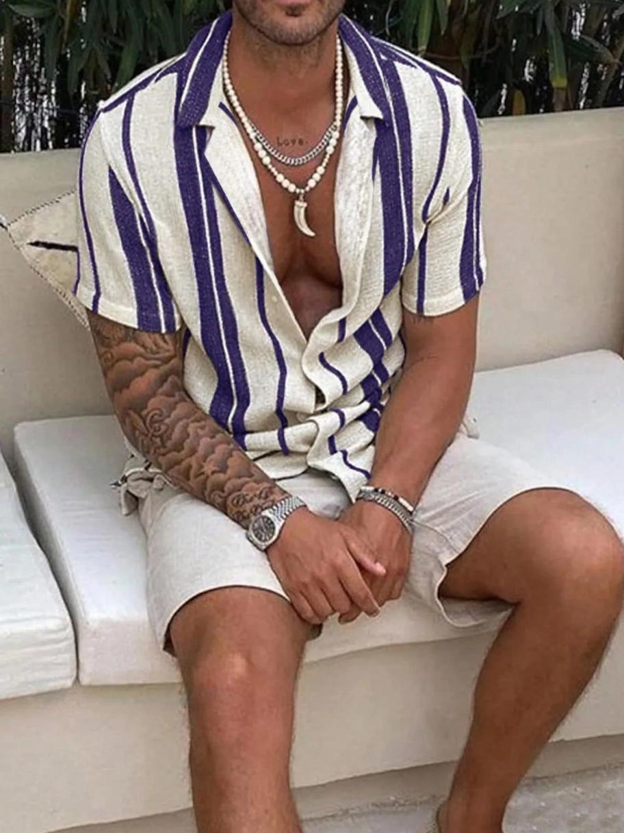 2025 Men Spring/Summer Casual Holiday Striped Button-Down Short Sleeve Shirt