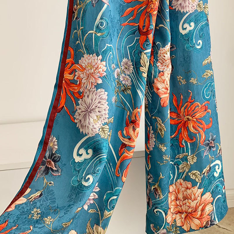 Ladies Blue Oriental Floral Printed Two-Piece Set Fashion Designer Off-Shoulder Long Sleeved Ramie Blouse Viscose Palazzo High Waist Pants S0738