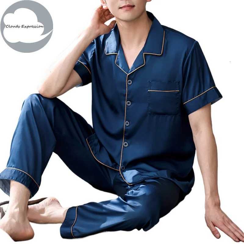 4XL Blue Loungewear Pajamas Imitate Silk Mens Pajama Sets Satin Pajamas Male Sleepwear Pajamas Nightwear Homewear Fashion W250717