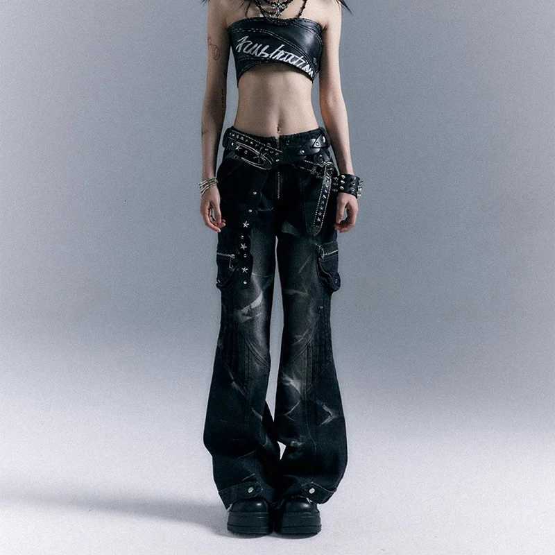 American Streetwear Grunge Flare Jeans Women Low Rise Riveted Gothic Vintage Denim Pants Harajuku Y2K Punk Slim Trousers R250716