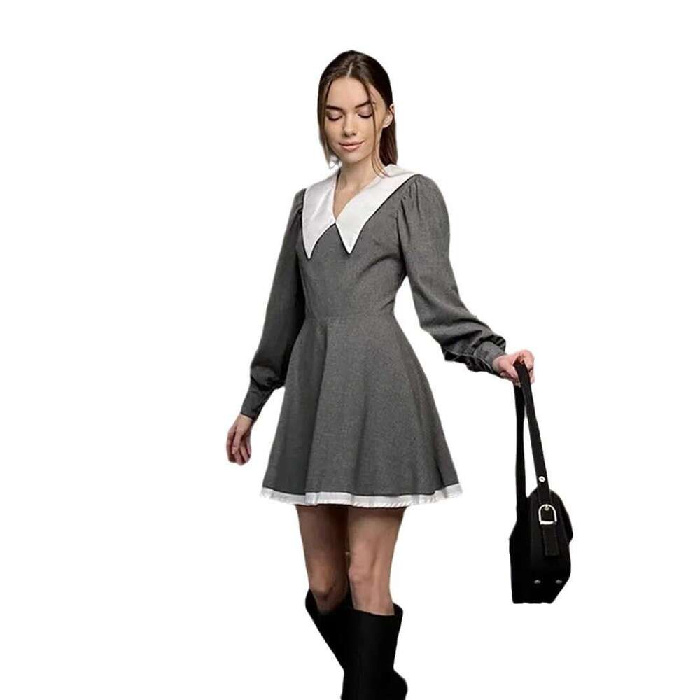 French Style Doll Collar Patchwork Spring New Waist-Cinching Lantern Sleeve Short Dress For Women B5