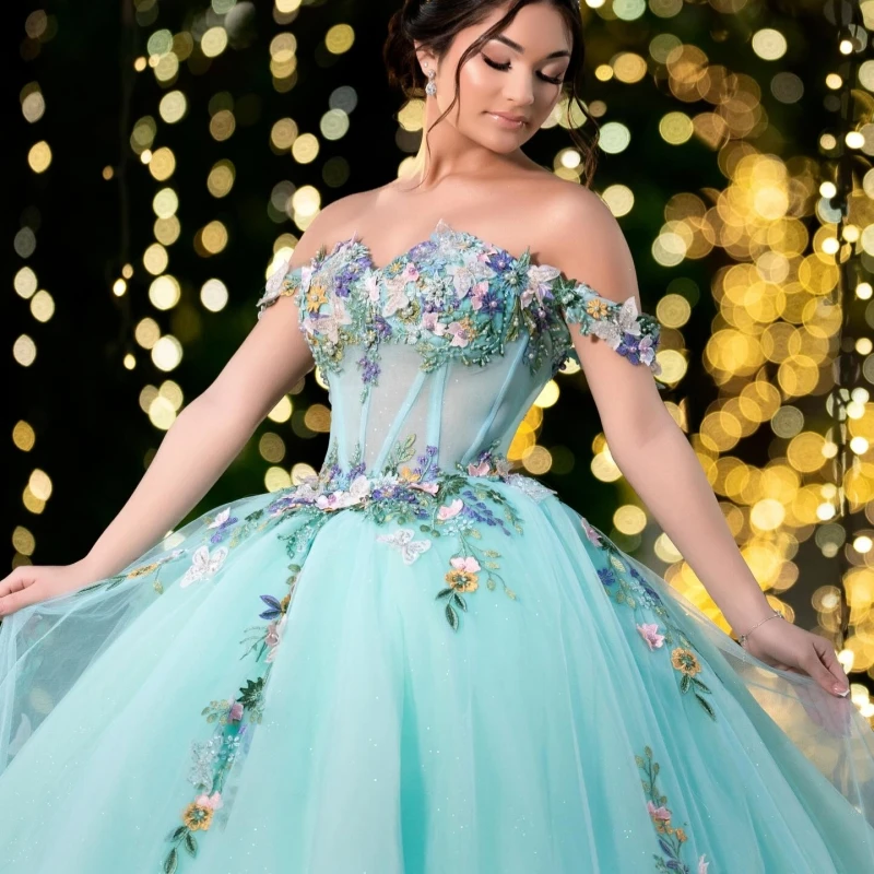 Mint Green Quinceanera Dresses Ball Gown Off The Shoulder Applique Bow Beading Tull Corset Sweet 16 Dress Vestidos 15 De Anos