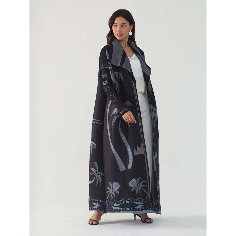 Miyake Pleated Turndown Collar Long Sleeve Printed Abaya Women 2025 New Dubai Original Designer Loose Cardigan Dress Coats