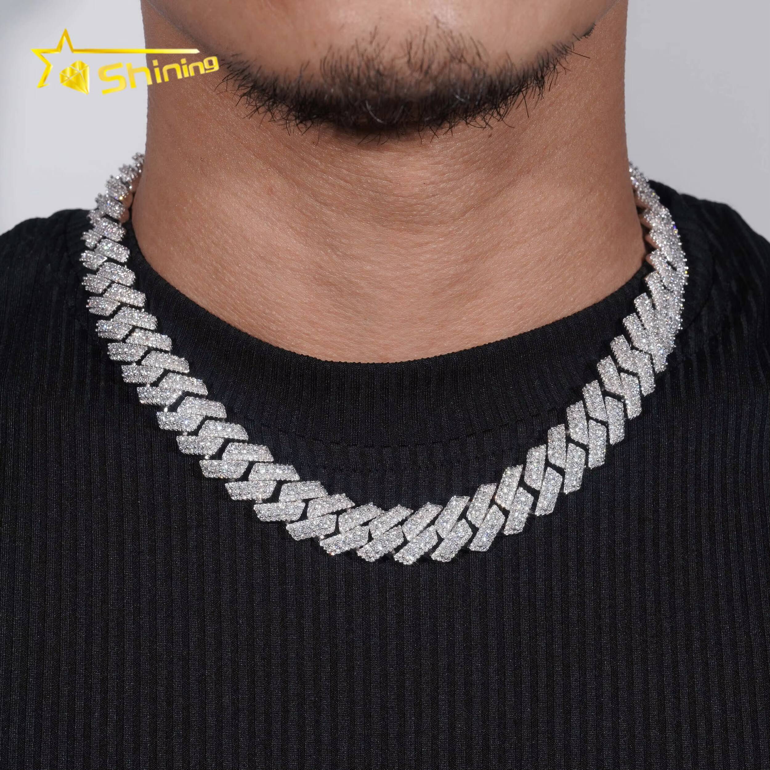 High Quality Heavy Hip Hop 15mm Width 925 Silver VVS Moissanite Iced Out Cuban Link Chain