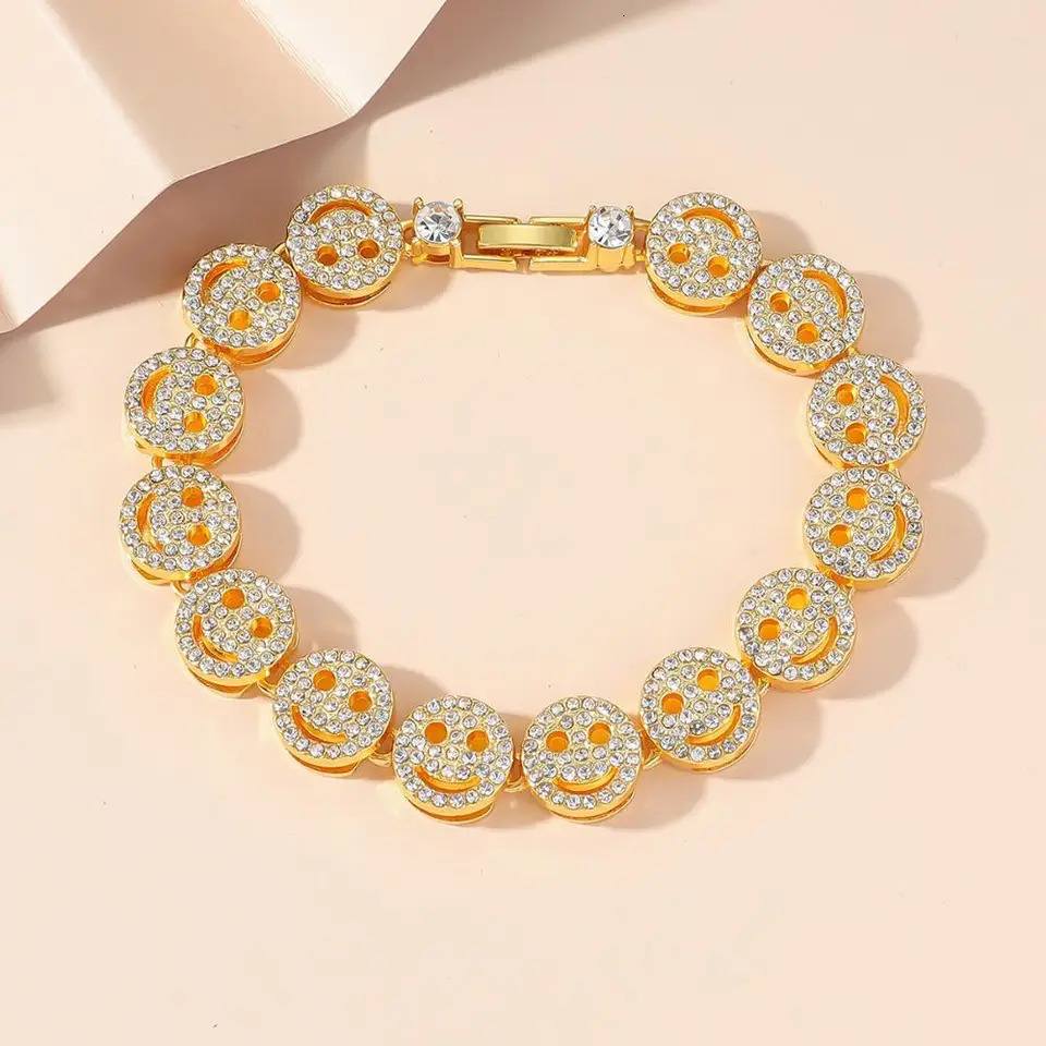 UILZ Smiling Face Hip Hop Round Tennis Chain Necklace Iced Out Bling Bracelet Fashion Shiny Zircon Charm Jewelry 250717