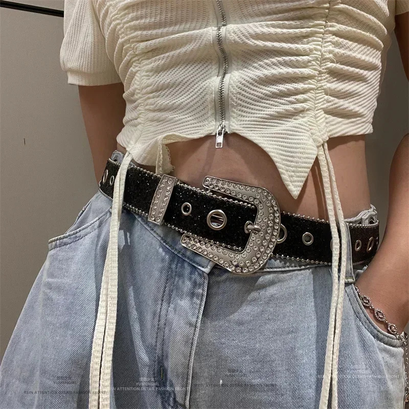 Y2K Women Fashion Solid Print Studded Full Rhinestone Belt PU Leather Bling Crystal Adjustable Glitter Waistband for Club Party 250717