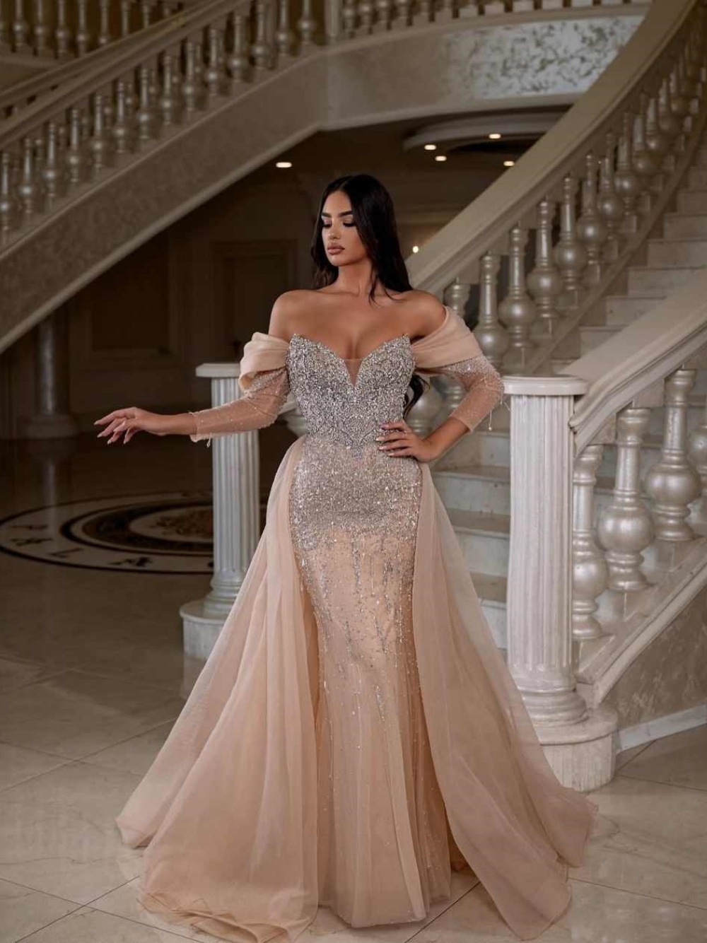 Charming Beaded Mermaid Wedding Dress Off Shoulder Long Sleeve Crystal Bride Gowns Floor Length Formal Dresses Customized