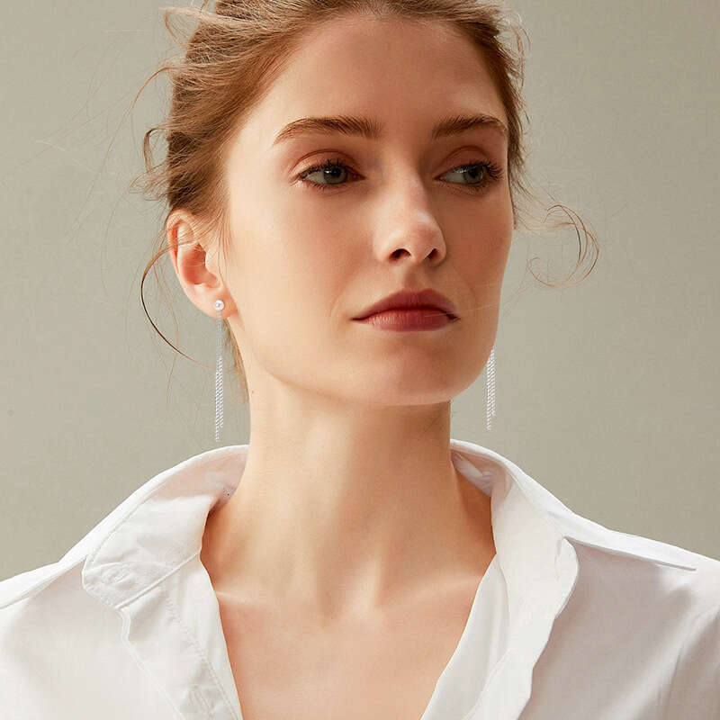 New Fashionable Versatile Crystal Zircon Tassel Long Earrings With Pure Sier Pearl Ear Accessories B21