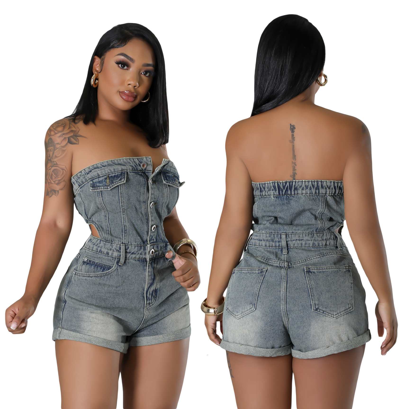 6984 new casual and fashionable strapless womens slim fit denim jumpsuit
