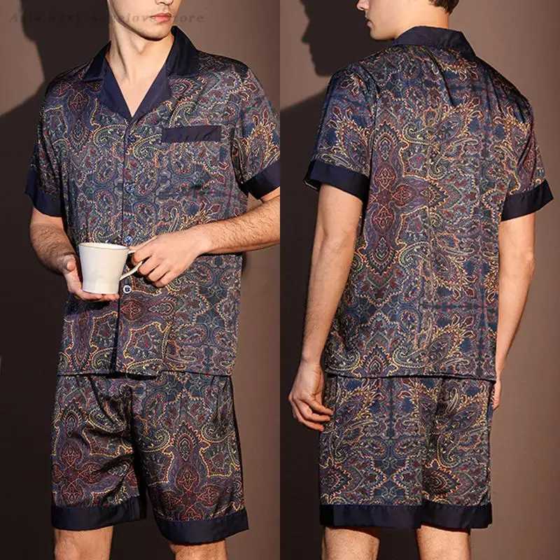 Large Size 3XL Men Pajama 2Pcs Set Summer New Short Sleeve Shorts Pajama Set Loose Ice Silk Satin Sleepwear Mens Home Clothes W250717